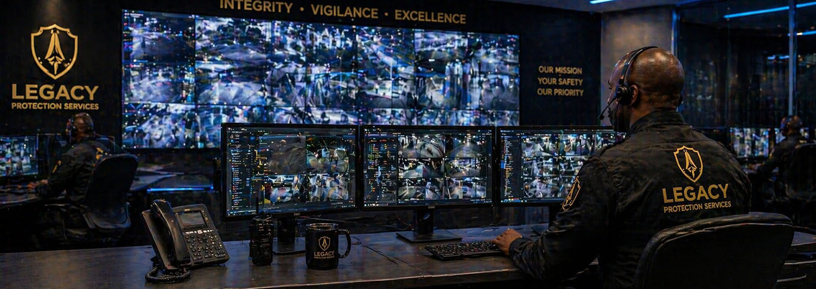 Legacy Protection Services technician installing CCTV security cameras and electronic surveillance system on commercial building