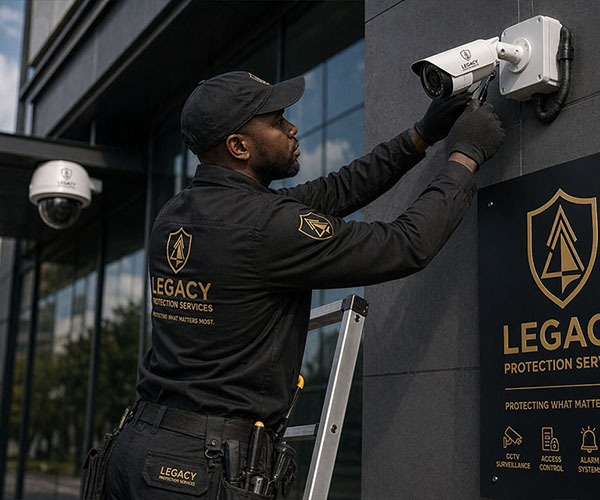 Legacy Protection Services electronic security technician installing surveillance cameras