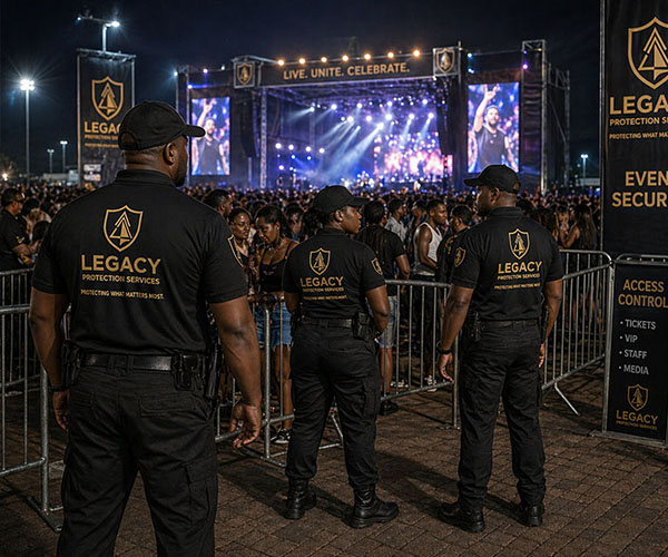 Legacy Protection Services event security personnel managing crowd control at a professional event