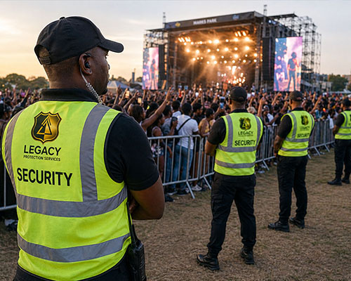 Various event types secured by Legacy Protection Services including concerts, corporate events, and sporting events