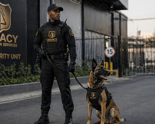 Elite working dog breeds used by Legacy Protection Services K9 unit including Belgian Malinois and German Shepherd