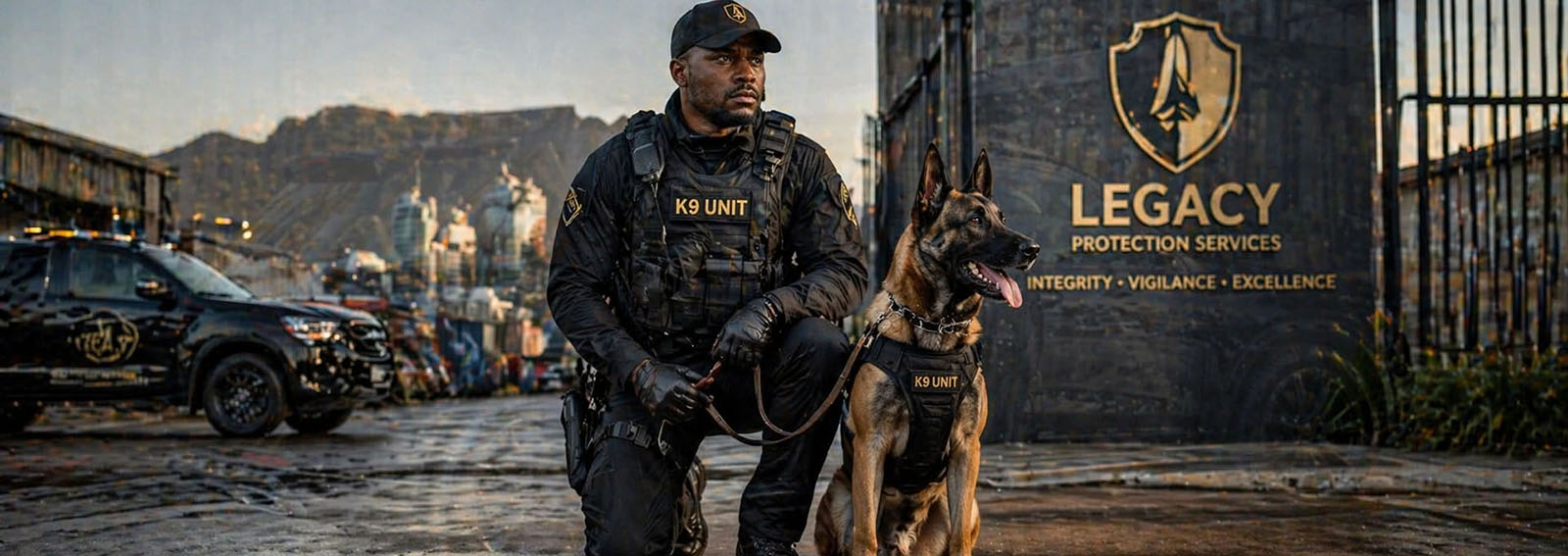 Legacy Protection Services K9 security unit with trained German Shepherd detection dog for explosive and narcotics search operations