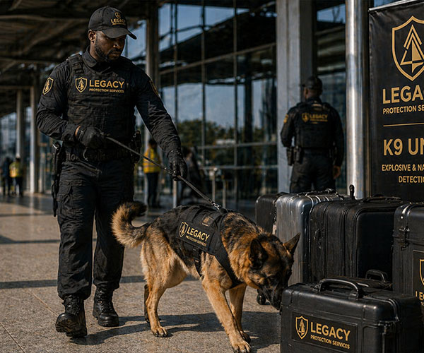 Legacy Protection Services K9 handler with trained working dog ready for security patrol