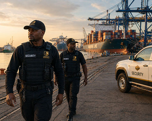 Map showing Legacy Protection Services maritime security operating areas across African waters including Gulf of Guinea and Southern Africa