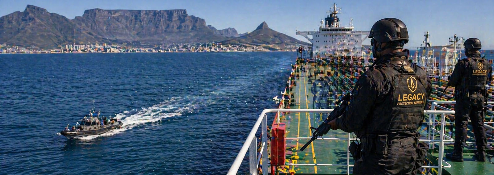 Legacy Protection Services maritime security team on patrol vessel providing anti-piracy and asset protection at sea
