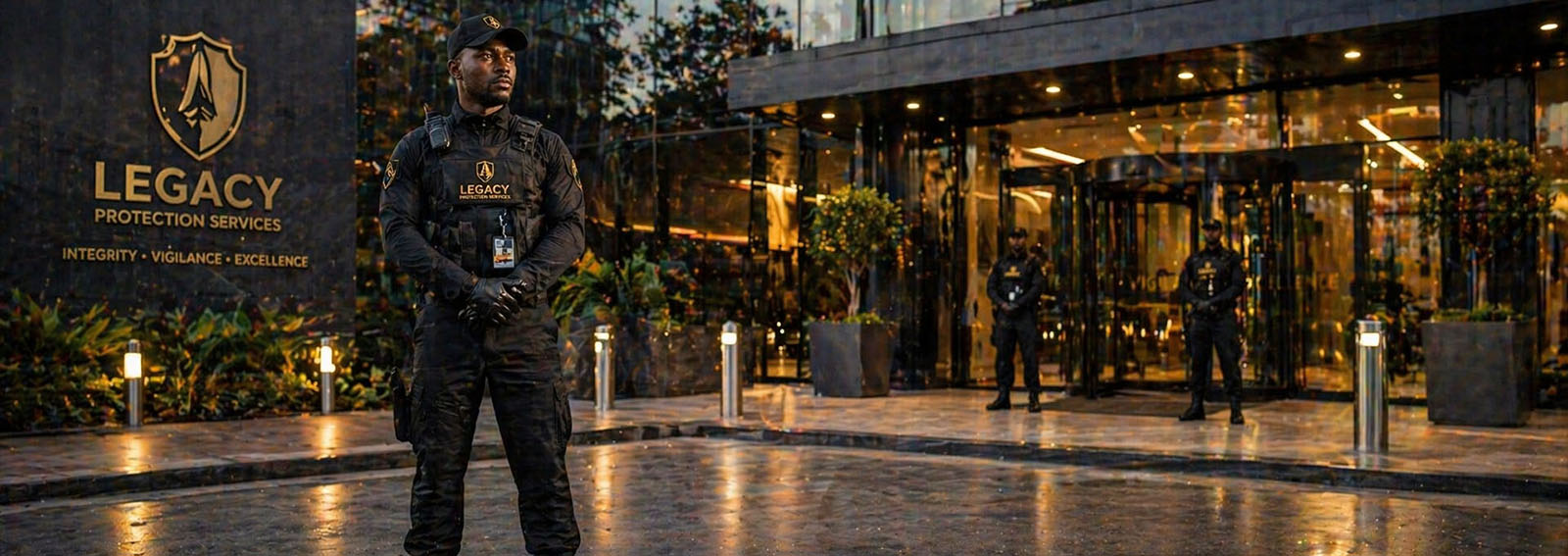 Legacy Protection Services professional security officer conducting manned guarding at corporate headquarters entrance