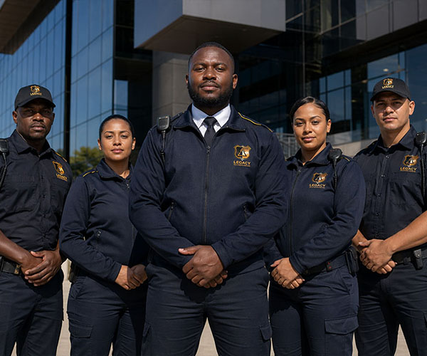 Legacy Protection Services security professional monitoring access control at a corporate facility