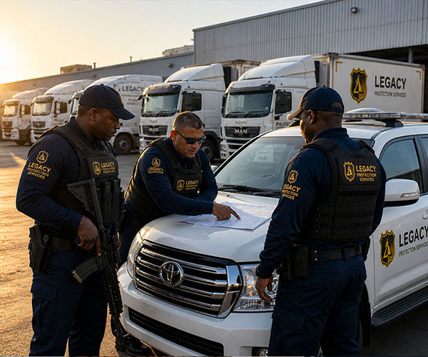 Legacy Protection Services armed logistics security team protecting high-value cargo during transport