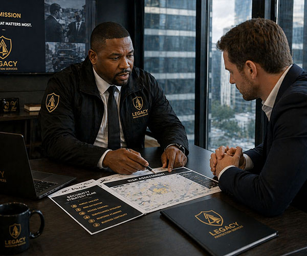 Legacy Protection Services security consultant analyzing risk assessment documentation