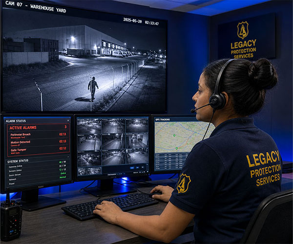 Legacy Protection Services surveillance monitoring dashboard with real-time security feeds and incident detection